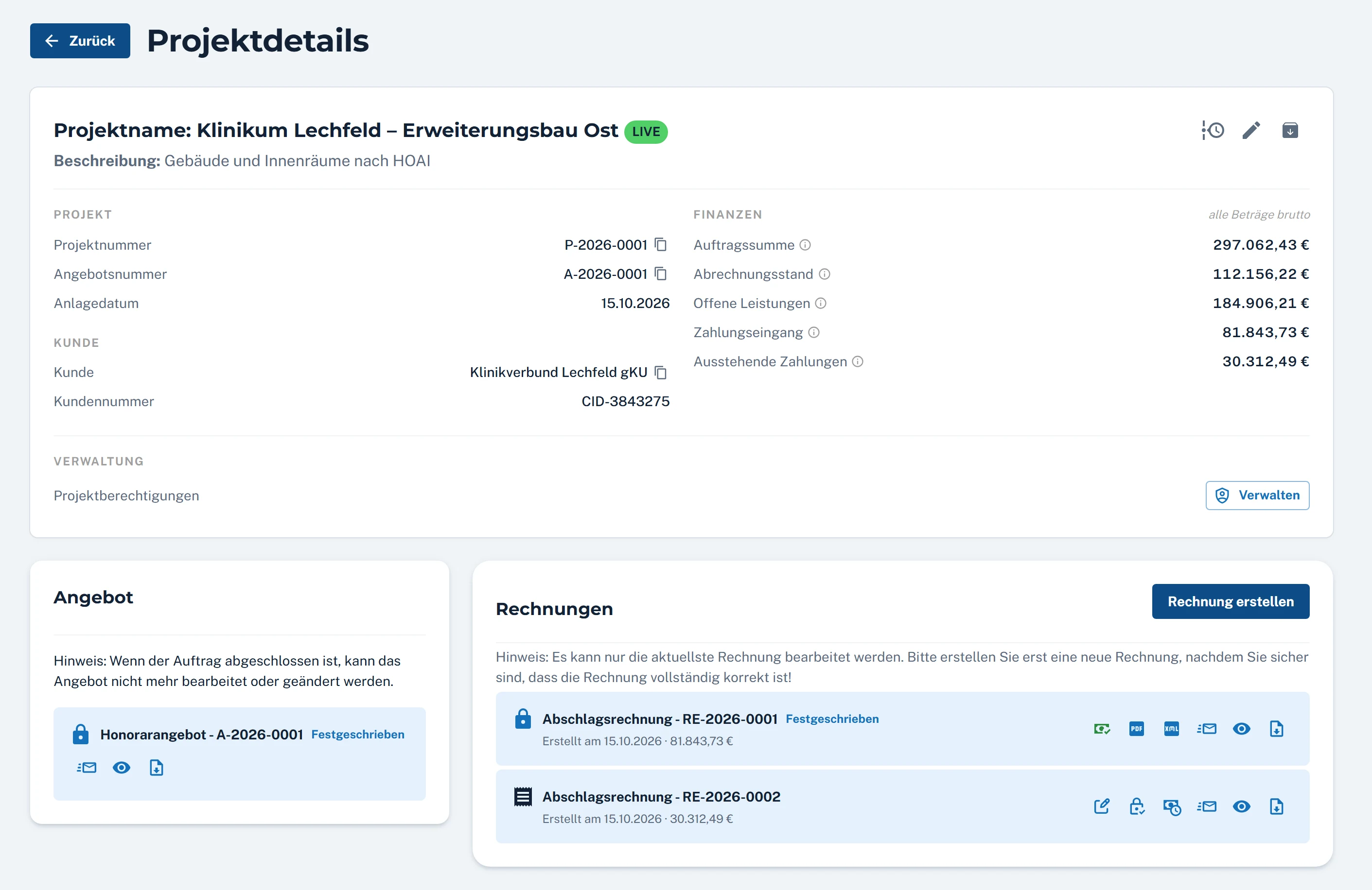 Honodo Projektdetails mit Projektkennzahlen, Honorarangebot und Rechnungsübersicht