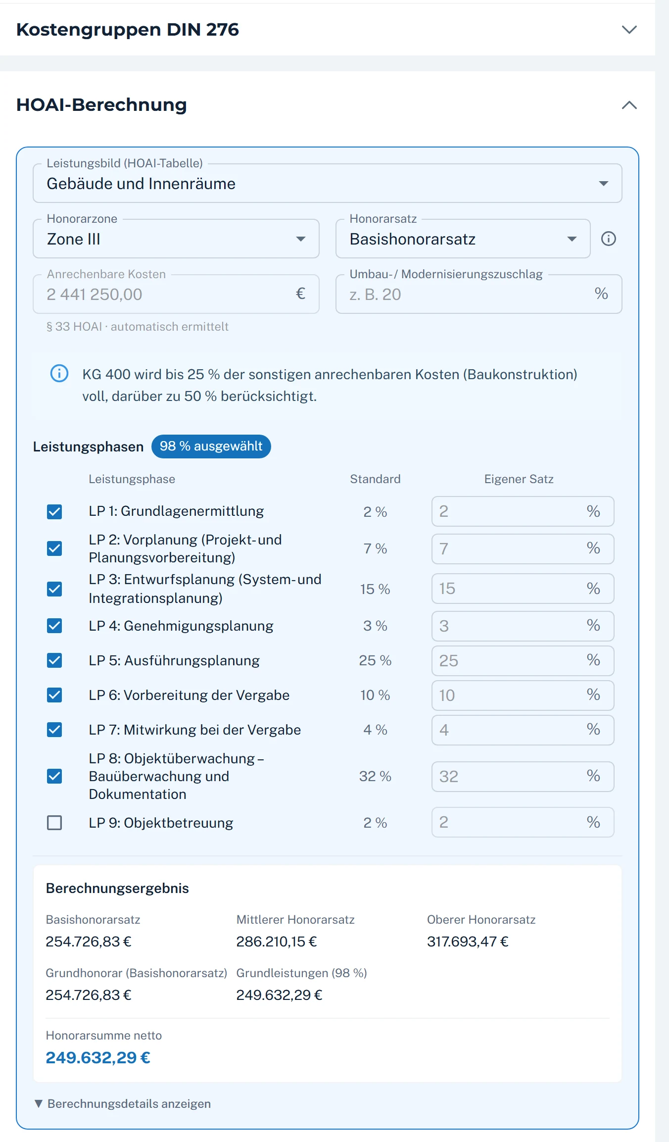 HOAI-Honorarermittlung in Honodo – Leistungsphasen 1–9 und Honorarzonen I–V